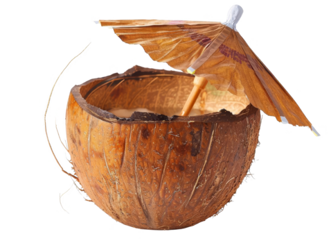Tropical drink served in a coconut shell with an umbrella, perfect for beach and summer vibes. Refreshing and exotic presentation.