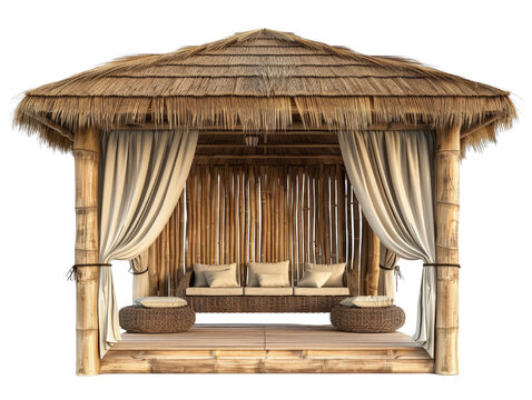 Tropical bamboo cabana with curtains and seating, perfect for a relaxing beachside retreat or getaway.
