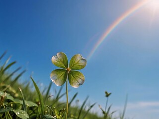 A fragile 4-leaf clover covered in sparkling dew drops sways gently in the cool morning air. The vibrant green leaves shimmer with a new day's freshness, symbolizing luck and renewal.