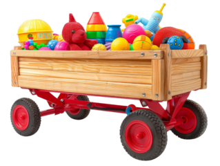 Vintage wooden cart filled with colorful children's toys and balls, showcasing fun and playfulness in a classic design.