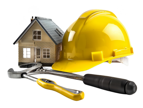 Yellow construction helmet and tools in front of a miniature house. Symbolizes home building, renovation, and safety in construction projects.