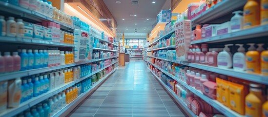 Brightly Lit Drugstore Aisle with Neatly Stocked White Shelves of Health and Wellness Products