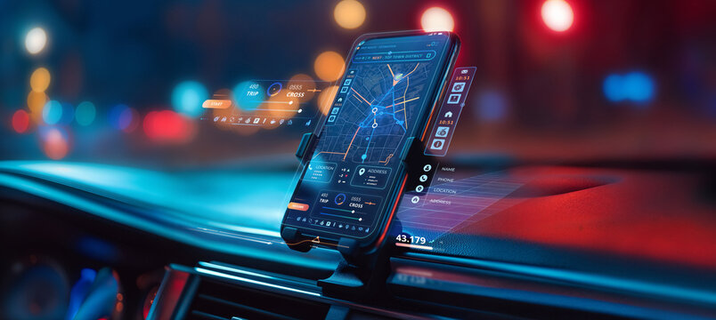 autonomous futuristic car dashboard smartphone mobile holder using navigation gps maps system concept with HUD and hologram screens and infotainment app user interface as wide banner - Powered by Adobe