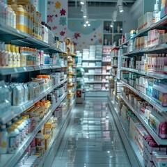 Brightly Lit Drugstore Aisle with Neatly Stocked White Shelves of Health and Wellness Products