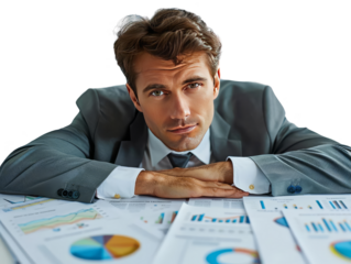 Businessman analyzing data, displaying charts and graphs, representing business analysis, finance, and corporate decision-making.