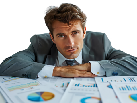 Businessman analyzing data, displaying charts and graphs, representing business analysis, finance, and corporate decision-making.