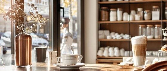 modern large coffee shop exudes French charm with dynamic, eclectic décor, featuring wood, bronze accents, and expansive sunny day-lit windows
