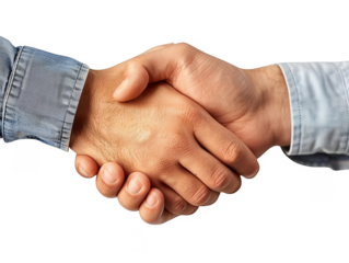 Close-up of a firm handshake between two people wearing blue shirts, symbolizing agreement, partnership, and successful business negotiations.