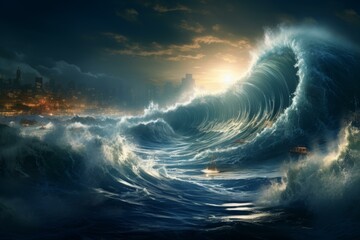 Fototapeta premium Swift Tsunami wave. Nature ocean storm. Generate Ai