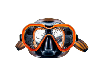 Close-up of a modern diving mask with orange trim, showcasing detailed design and clear lenses for underwater adventures.