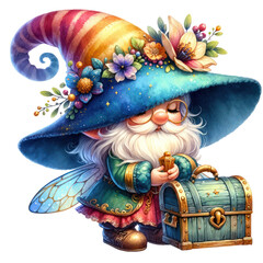 Colorful gnome with a rainbow hat holding a chest, Transparent background