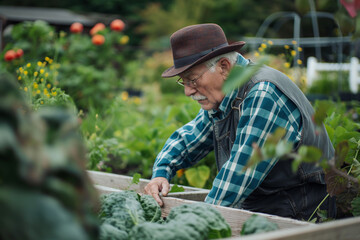 elderly man volunteering at a modern community garden