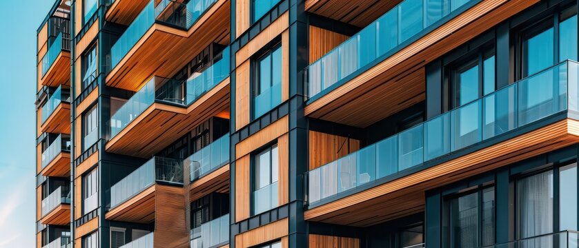 residential apartment block, modern wood and concrete, architectural plans, facades east