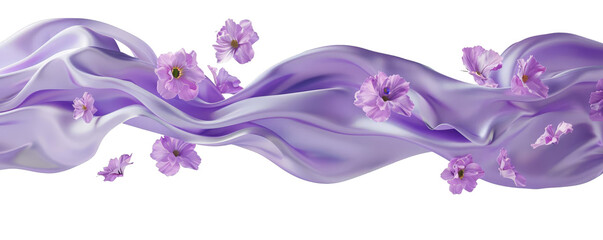 Elegant wavy lavender ribbon and flower petals isolated on white. Perfect for wedding, spring, or romantic themes. Vector illustration.