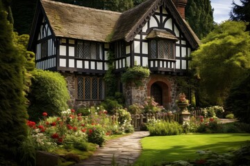 Charming Tudor house cottage rural. British great garden. Generate Ai
