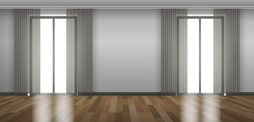 empty room interior with two panpramic  windows curtains wooden floor mock up vector illustration