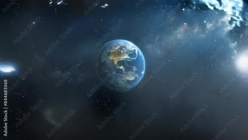 Aufkleber View of Earth from outer space with visible continents and illuminated cities. High-resolution digital artwork with starry background. Astronomy and space exploration concept. 