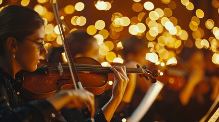 Defocused brilliance The soft glow of warm stage lights illuminating the grandeur of a symphony orchestra with delicate details blending into a dreamy background. .