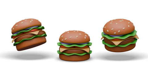 Vector hamburger in different positions. Hot bun with sesame, meat, tomatoes, salad, onion, cheese