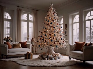 A sleek and modern ceramic Christmas tree is depicted with exquisite detail sculpture. The tree's glossy surface reflects the soft glow of the surrounding lights, enhancing its elegant 