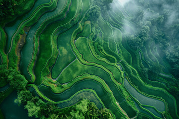 overhead view of a rice terrace in Asia