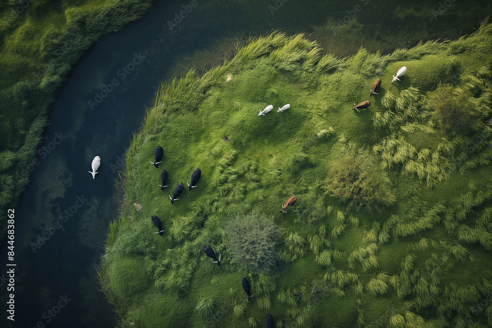Poster overhead view of a riverbank with grazing animals - Posters
