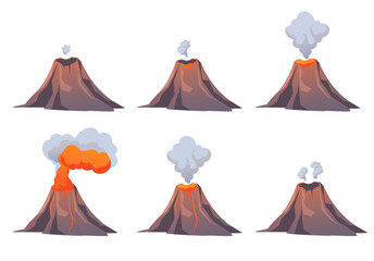 Volcano eruption steps isolated set. Vector graphic design illustration
