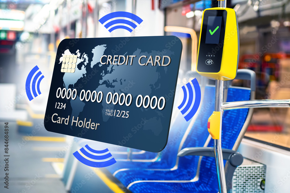 Poster nfc payment on bus. contactless money terminal. nfc validator on bus handrail. credit card. innovati