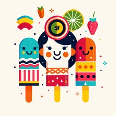Fototapeta premium Colorful popsicles with woman and fruit illustration for summer travel and beauty theme concept