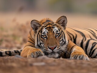 A tiger lies on the ground, staring intently ahead. The background is blurred, highlighting the tiger's striking features and intense gaze.
