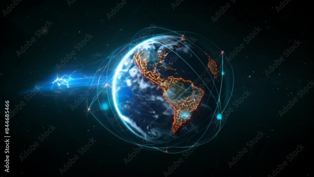 Poster earth from space with illuminated cities and global network connections. high-resolution digital art