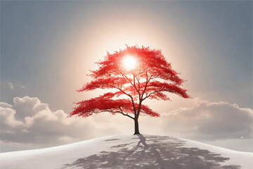 a tree with red leaves and the sun shining through the clouds.