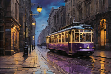 a painting of a purple trolley going down a street.