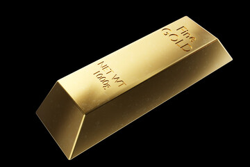 Fine gold. Aurum bullion 1000 grams. Gold bar isolated on black. Golden bar top view. Precious...