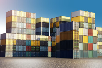 Container platform. Open air warehouse. Multi-colored shipping containers. Storage space in sea harbor. Cargo containers are stored on top of each other. Tare for transportation on boxes. 3d image