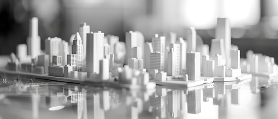 Naklejka premium Architectural model of a city featuring topographic buildings bathed in soft lighting, captured in a classic black and white palette