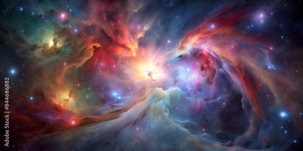 Poster dynamic image of a cosmic explosion with vibrant colors and energy waves.