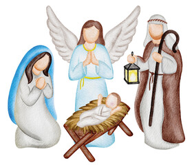 Holy family of the Christian nativity scene. Mary, Joseph, Baby Jesus and Angel. Watercolor elements