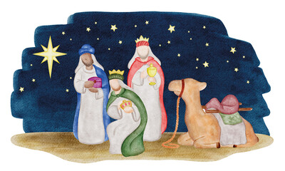 The three wise men and camel. Painted in watercolor.