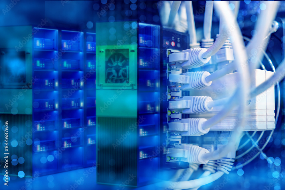 Poster server equipment. telecommunication technologies. internet switch. server room. wires are connected 