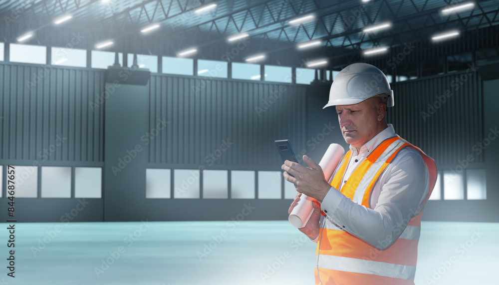 Poster man builder. architect of industrial buildings. construction engineer stands in empty hangar. archit