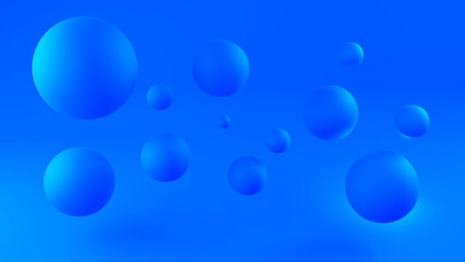 Blue background. Simple minimalistic backdrop. Background with flying bubbles. Balls of different sizes. Background for advertising. Abstract blue wallpaper. Texture, pattern. 3d image
