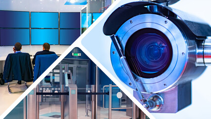 Enterprise security system. CCTV camera. Dispatchers monitor safety. Turnstiles in enterprise...