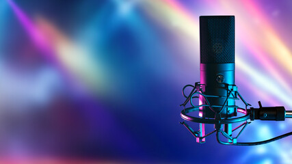 Radio presenter microphone. Condenser mic on tripod. Professional microphone on purple. Sound...