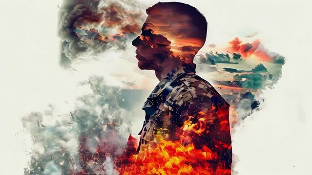 Video of soldier suffering from PTSD is shown experiencing a vivid and distressing flashback. Post-traumatic stress disorder concept.