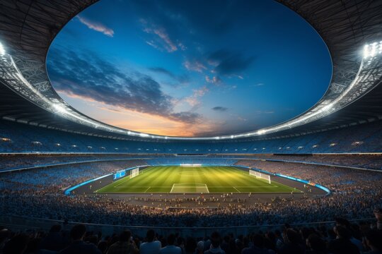 A large stadium full of people is watching a soccer game at night. The stadium is lit up by bright lights, and the crowd is cheering loudly. The game is tied 1-1, and the tension is high