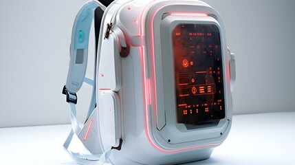 A backpack with a glowing screen, showcasing a futuristic design. 