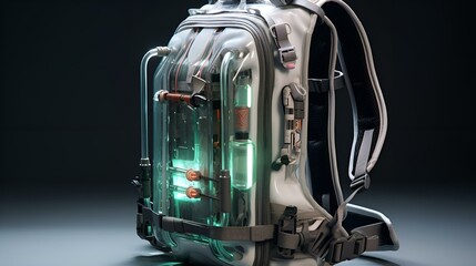 A backpack with a glowing light attached to it.