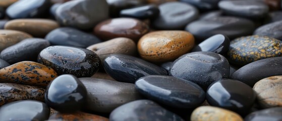 closeup of smooth, round pebbles in various colors and sizes arranged on the ground. The focus is sharp with each stone clearly visible against its surroundings