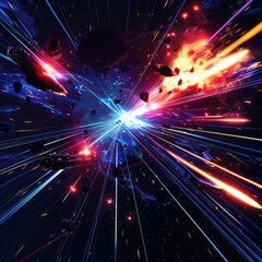 A dramatic space battle scene with laser beams and explosions